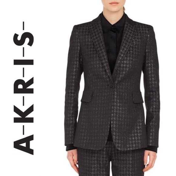 Akris Punto Blazer Size 8 Black & Metallic Houndstooth Jacket Suit Coat EUC